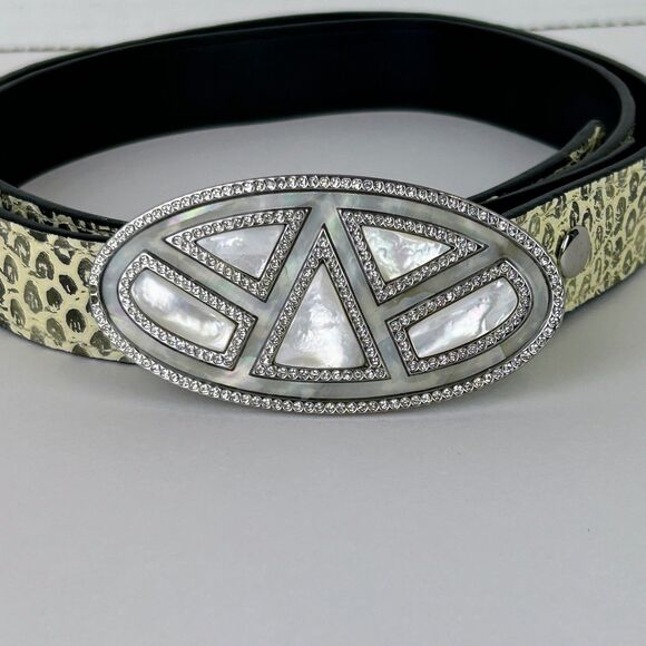 Cabi Snake Print Embossed Leather Belt Emblem Buckle w/Rhinestones Pearl Inlay M main image 6